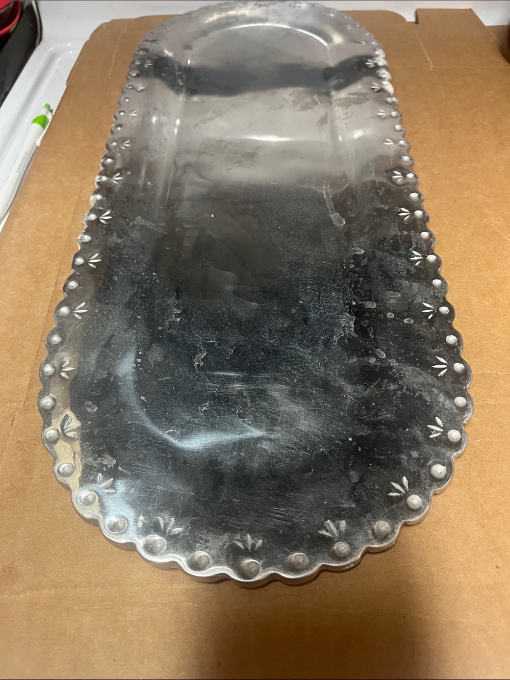 Decorative Silver Metal Serving Tray - Elegant Scalloped Edge 19 1/2 by 8
